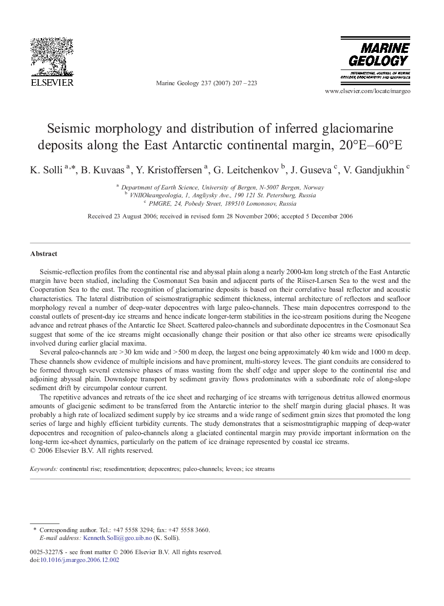 Seismic morphology and distribution of inferred glaciomarine deposits along the East Antarctic continental margin, 20Â°E-60Â°E