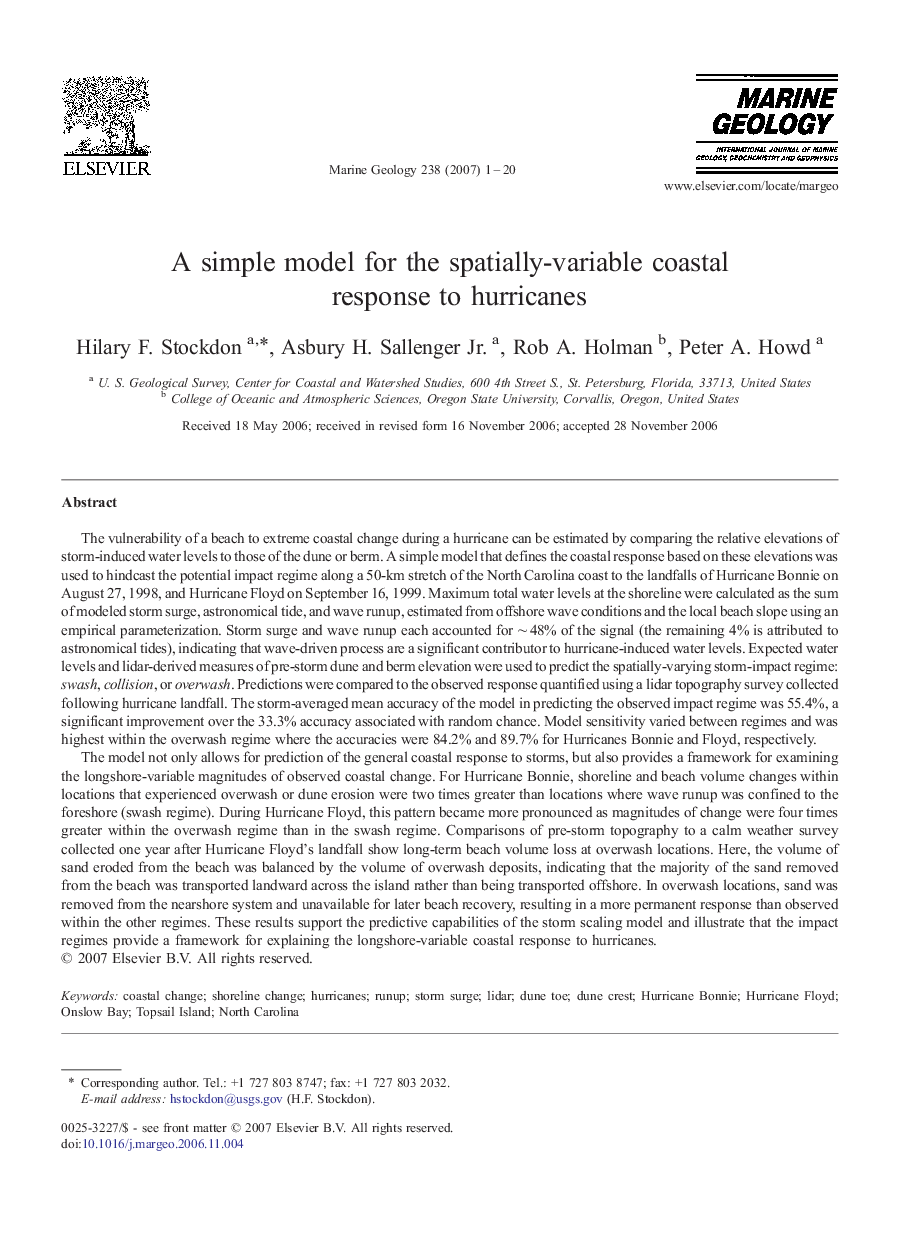 A simple model for the spatially-variable coastal response to hurricanes