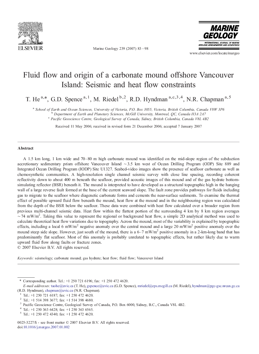 Fluid flow and origin of a carbonate mound offshore Vancouver Island: Seismic and heat flow constraints