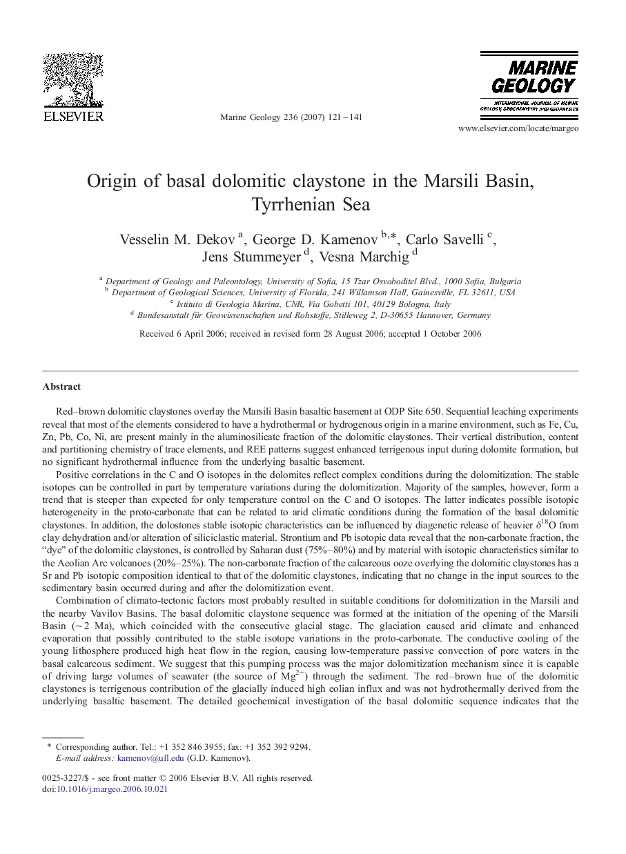 Origin of basal dolomitic claystone in the Marsili Basin, Tyrrhenian Sea