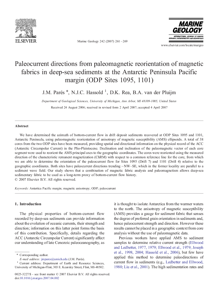 Paleocurrent directions from paleomagnetic reorientation of magnetic fabrics in deep-sea sediments at the Antarctic Peninsula Pacific margin (ODP Sites 1095, 1101)