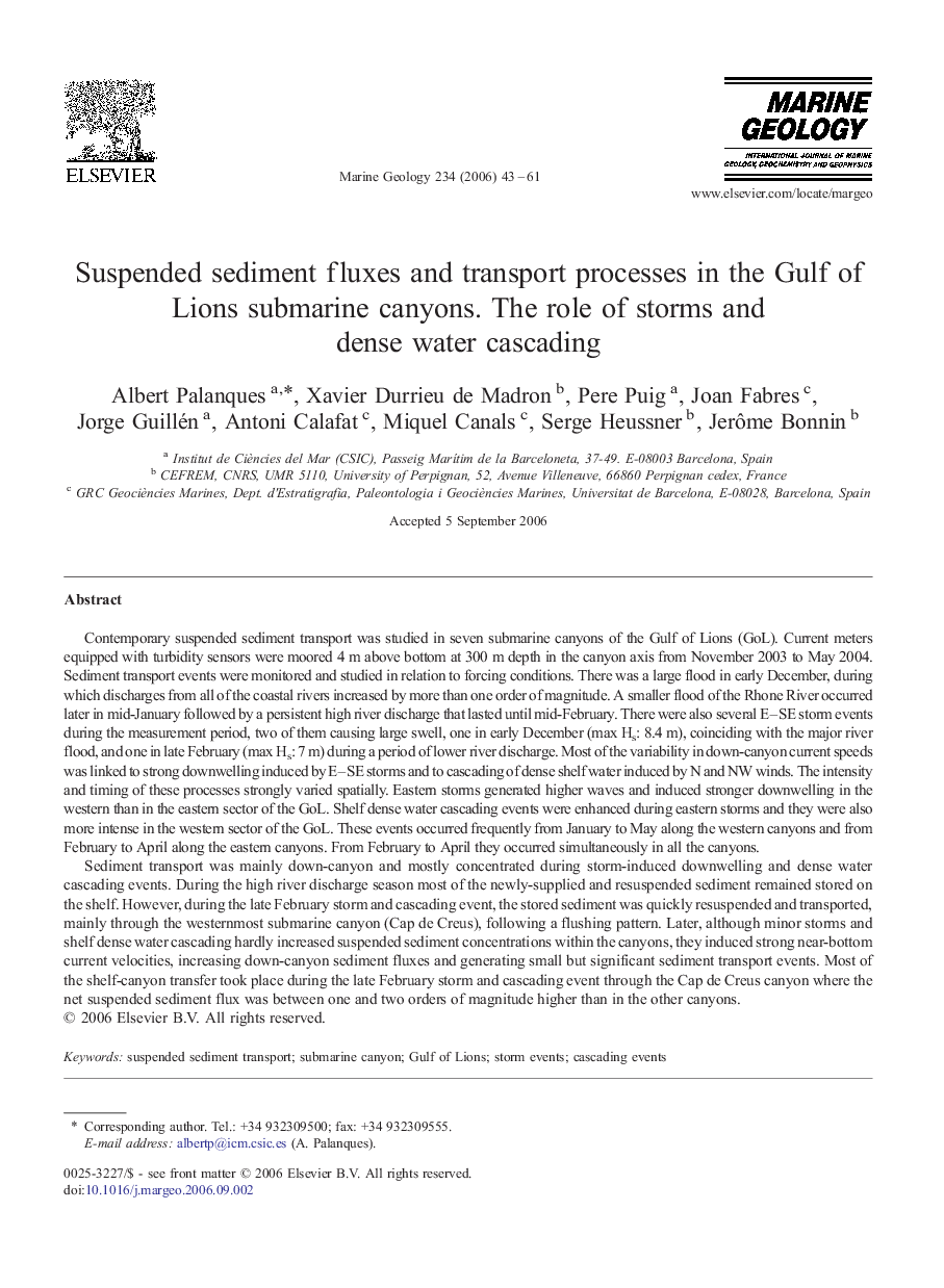 Suspended sediment fluxes and transport processes in the Gulf of Lions submarine canyons. The role of storms and dense water cascading