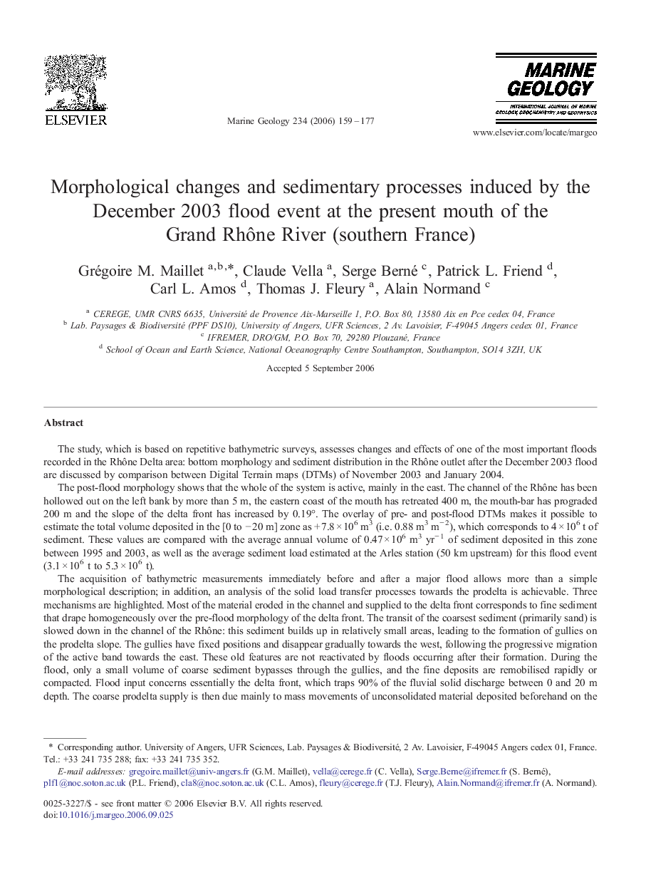 Morphological changes and sedimentary processes induced by the December 2003 flood event at the present mouth of the Grand Rhône River (southern France)