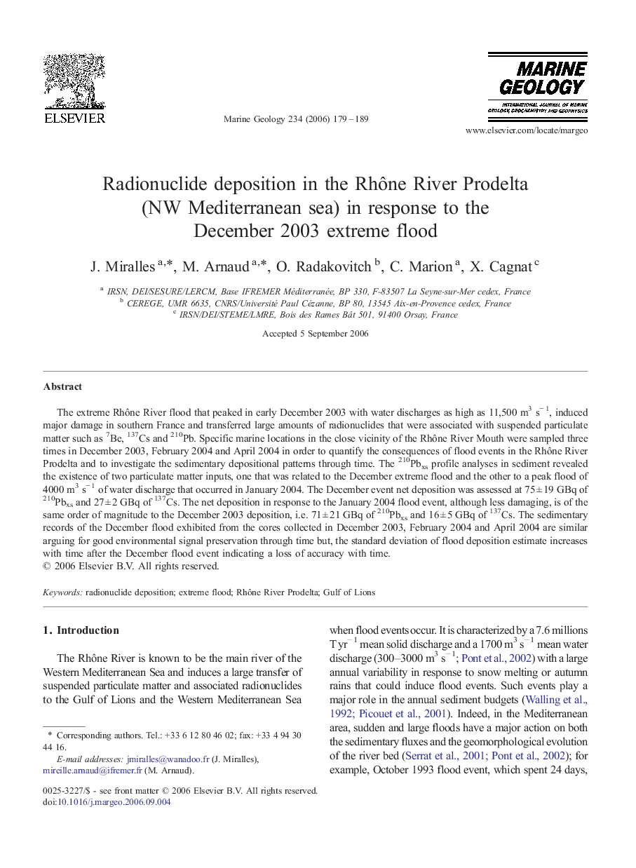 Radionuclide deposition in the RhÃ´ne River Prodelta (NW Mediterranean sea) in response to the December 2003 extreme flood