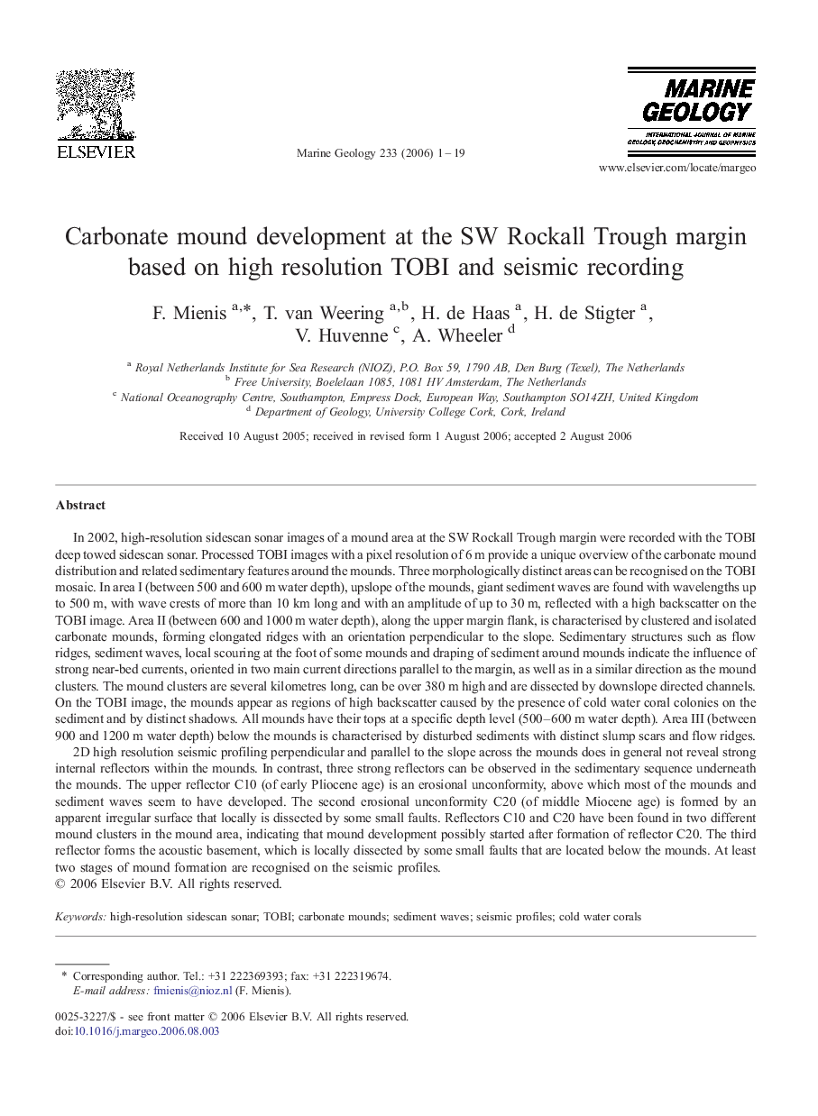 عکس صفحه اول مقاله: Carbonate mound development at the SW Rockall Trough margin based on high resolution TOBI and seismic recording Carbonate mound development at the SW Rockall Trough margin based on high resolution TOBI and seismic recording