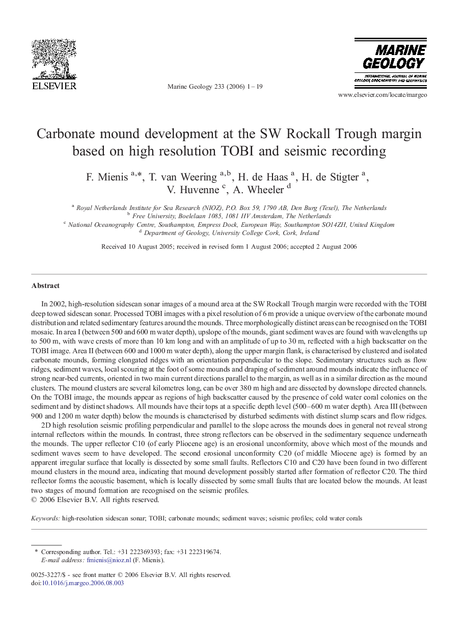 Carbonate mound development at the SW Rockall Trough margin based on high resolution TOBI and seismic recording