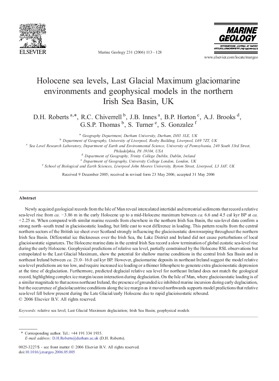 Holocene sea levels, Last Glacial Maximum glaciomarine environments and geophysical models in the northern Irish Sea Basin, UK