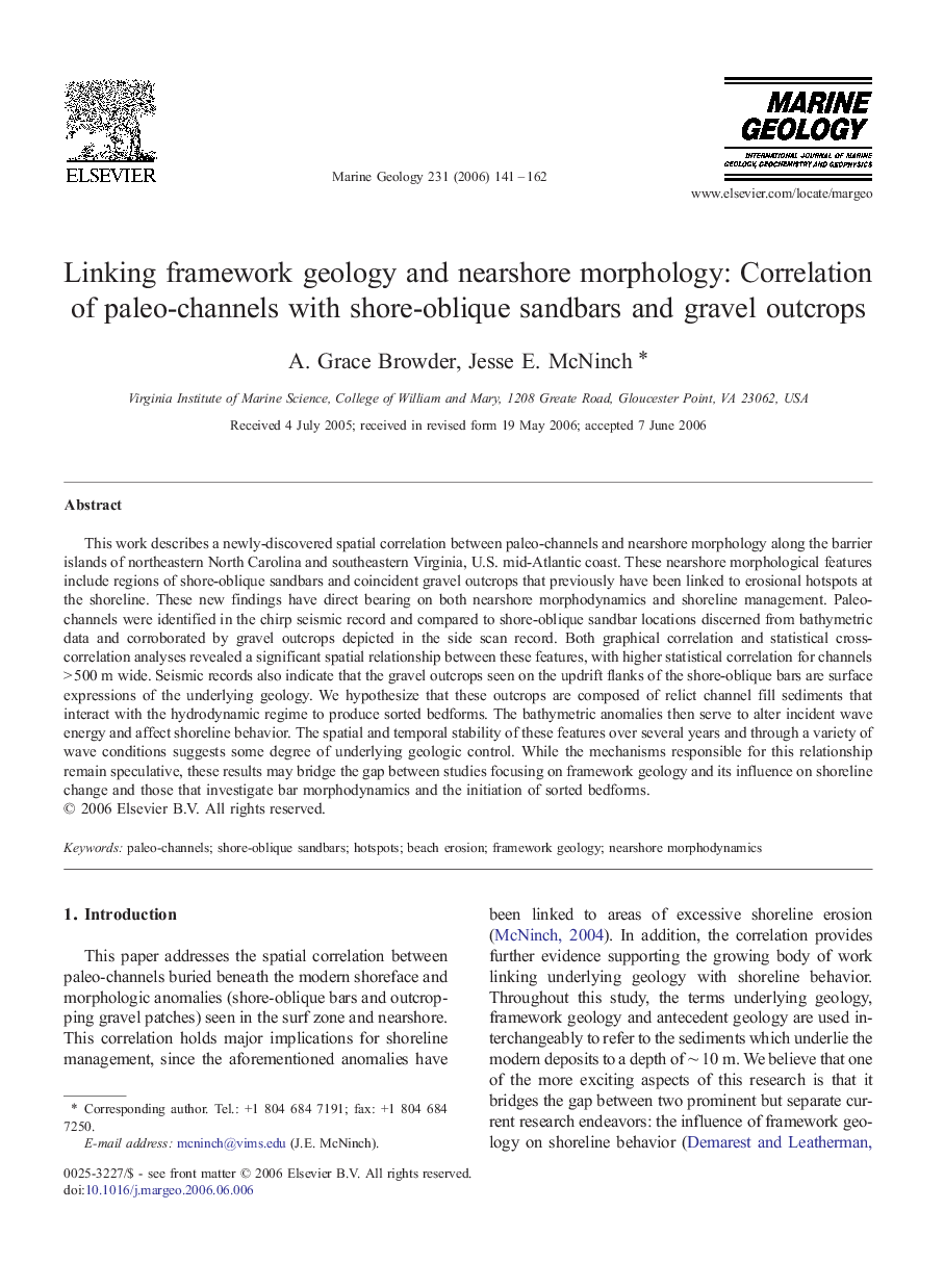 Linking framework geology and nearshore morphology: Correlation of paleo-channels with shore-oblique sandbars and gravel outcrops