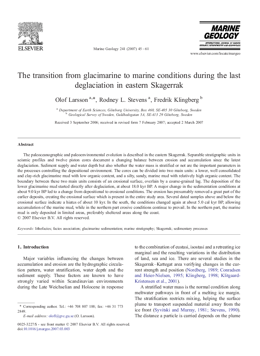 The transition from glacimarine to marine conditions during the last deglaciation in eastern Skagerrak