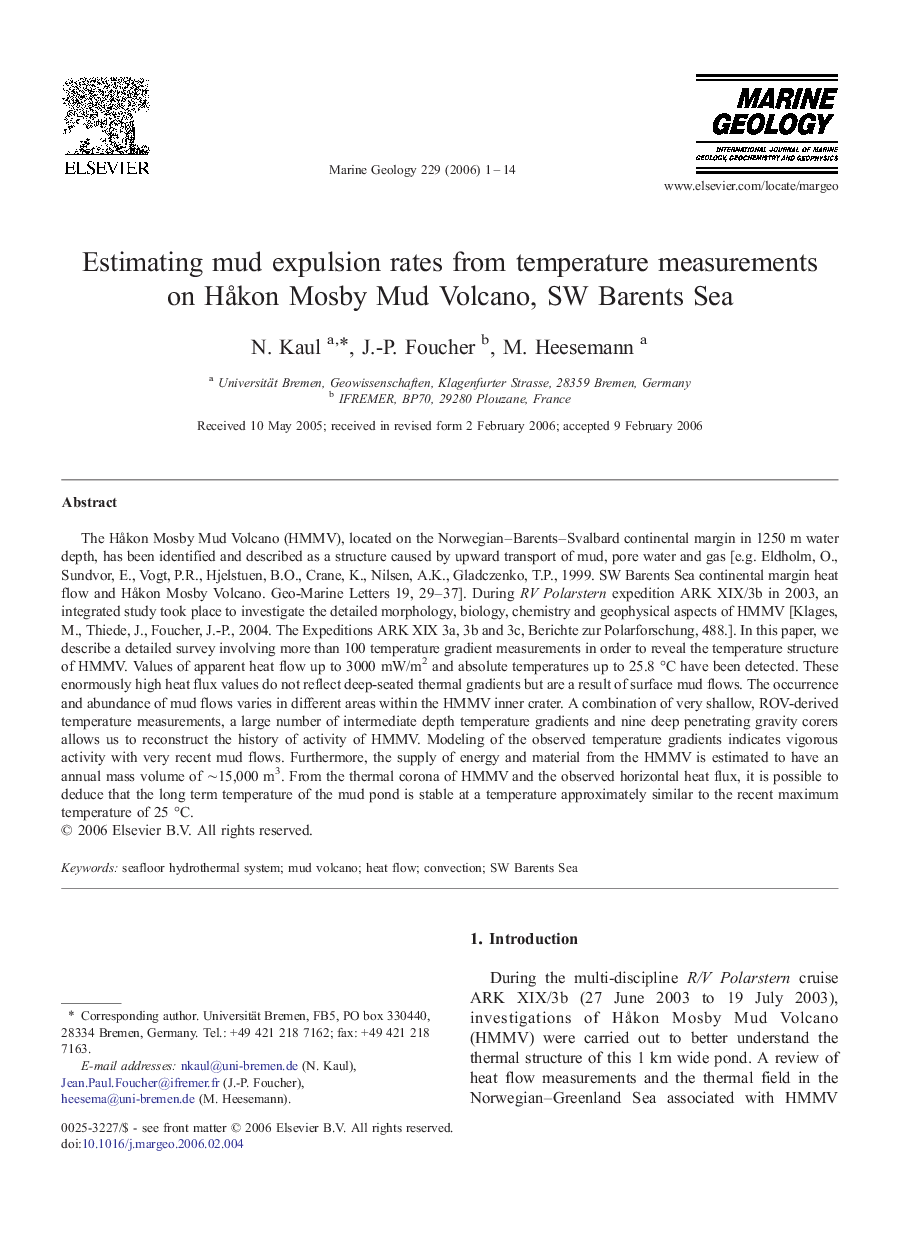 Estimating mud expulsion rates from temperature measurements on Håkon Mosby Mud Volcano, SW Barents Sea