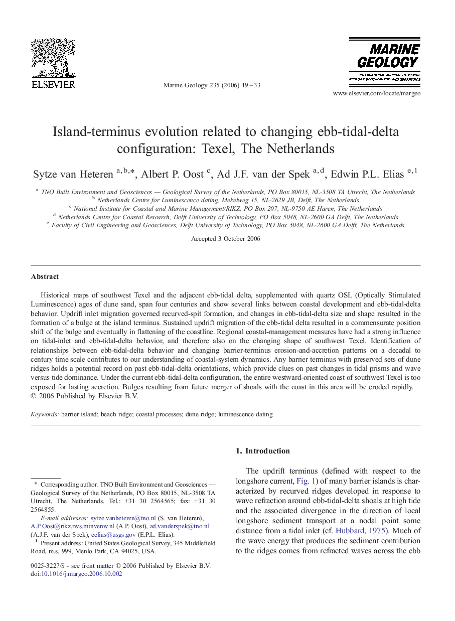 Island-terminus evolution related to changing ebb-tidal-delta configuration: Texel, The Netherlands