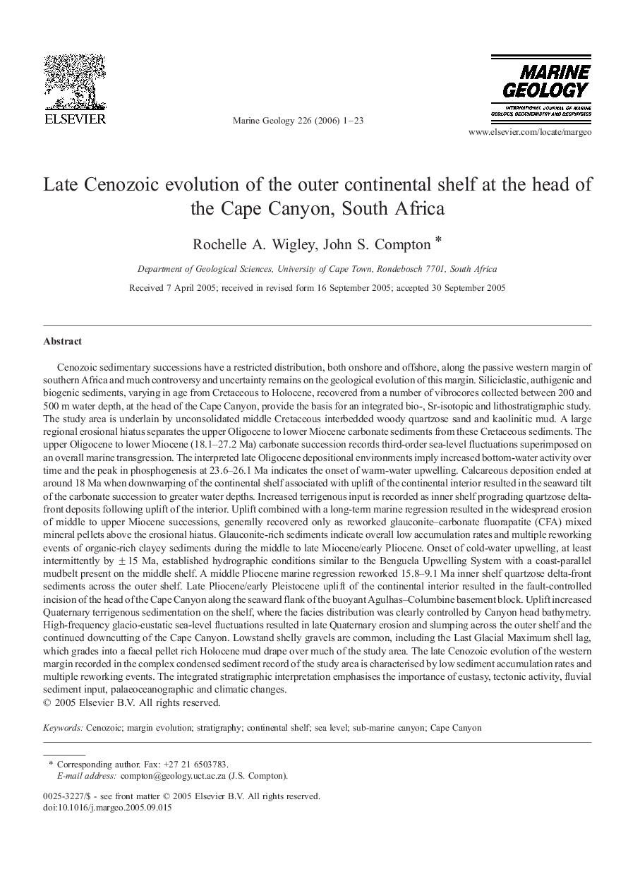 Late Cenozoic evolution of the outer continental shelf at the head of the Cape Canyon, South Africa