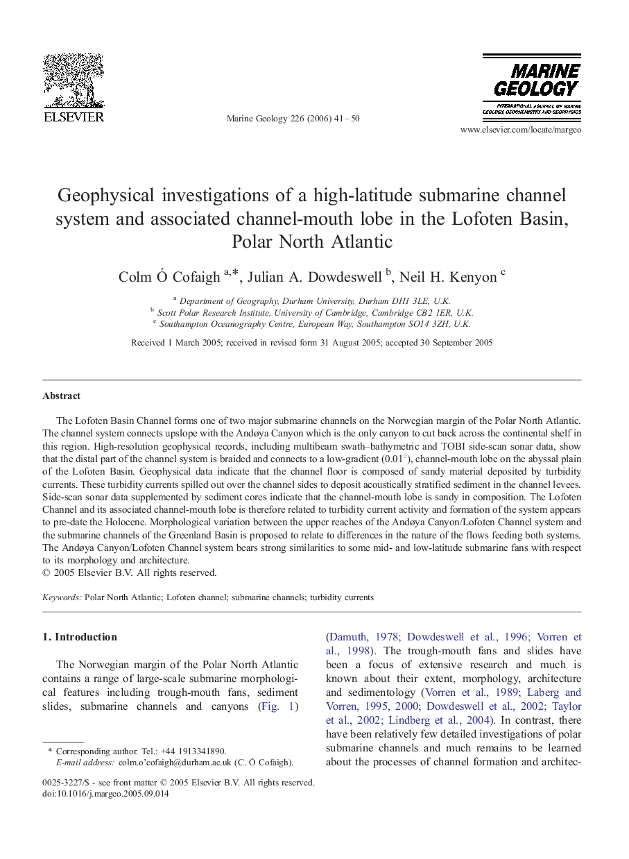 Geophysical investigations of a high-latitude submarine channel system and associated channel-mouth lobe in the Lofoten Basin, Polar North Atlantic