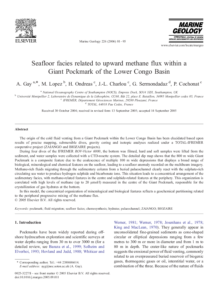 Seafloor facies related to upward methane flux within a Giant Pockmark of the Lower Congo Basin