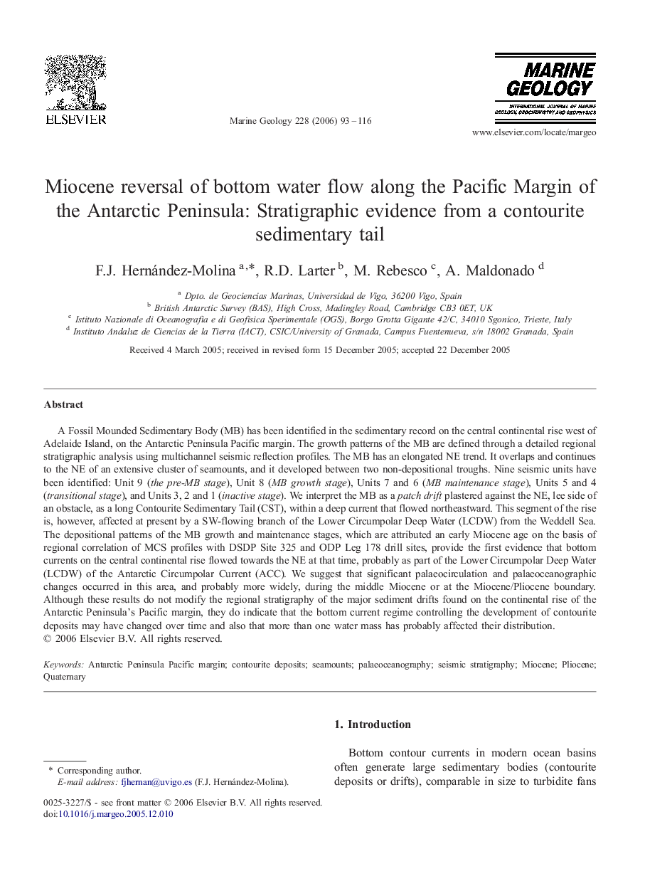 Miocene reversal of bottom water flow along the Pacific Margin of the Antarctic Peninsula: Stratigraphic evidence from a contourite sedimentary tail