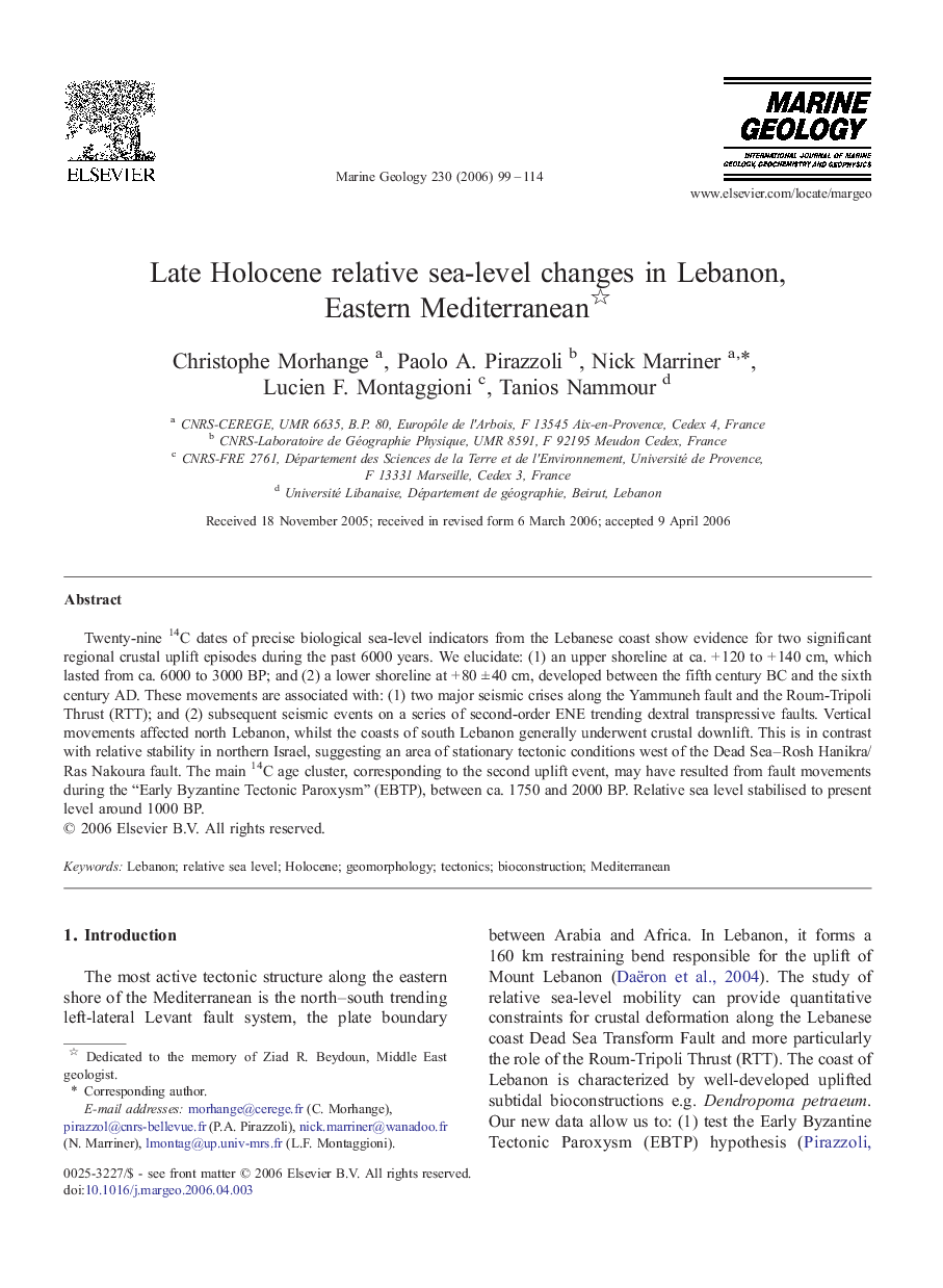 Late Holocene relative sea-level changes in Lebanon, Eastern Mediterranean 