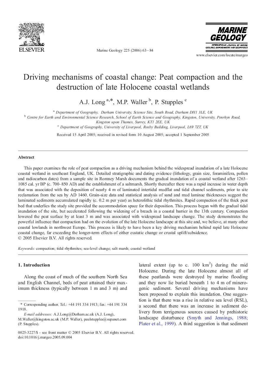 Driving mechanisms of coastal change: Peat compaction and the destruction of late Holocene coastal wetlands