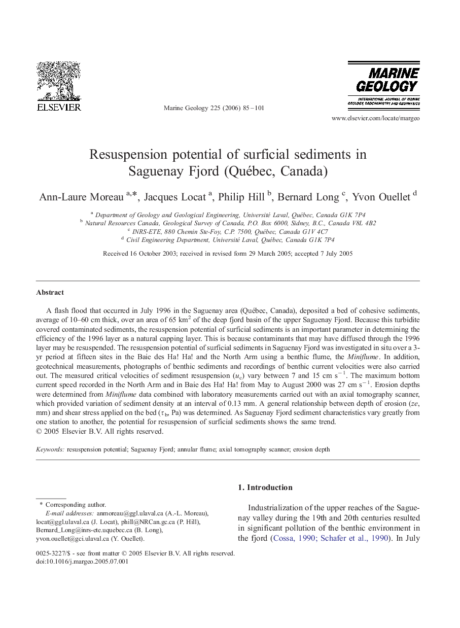 Resuspension potential of surficial sediments in Saguenay Fjord (Québec, Canada)