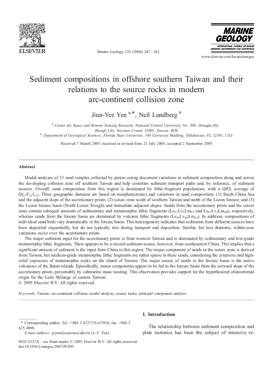 Sediment compositions in offshore southern Taiwan and their relations to the source rocks in modern arc-continent collision zone