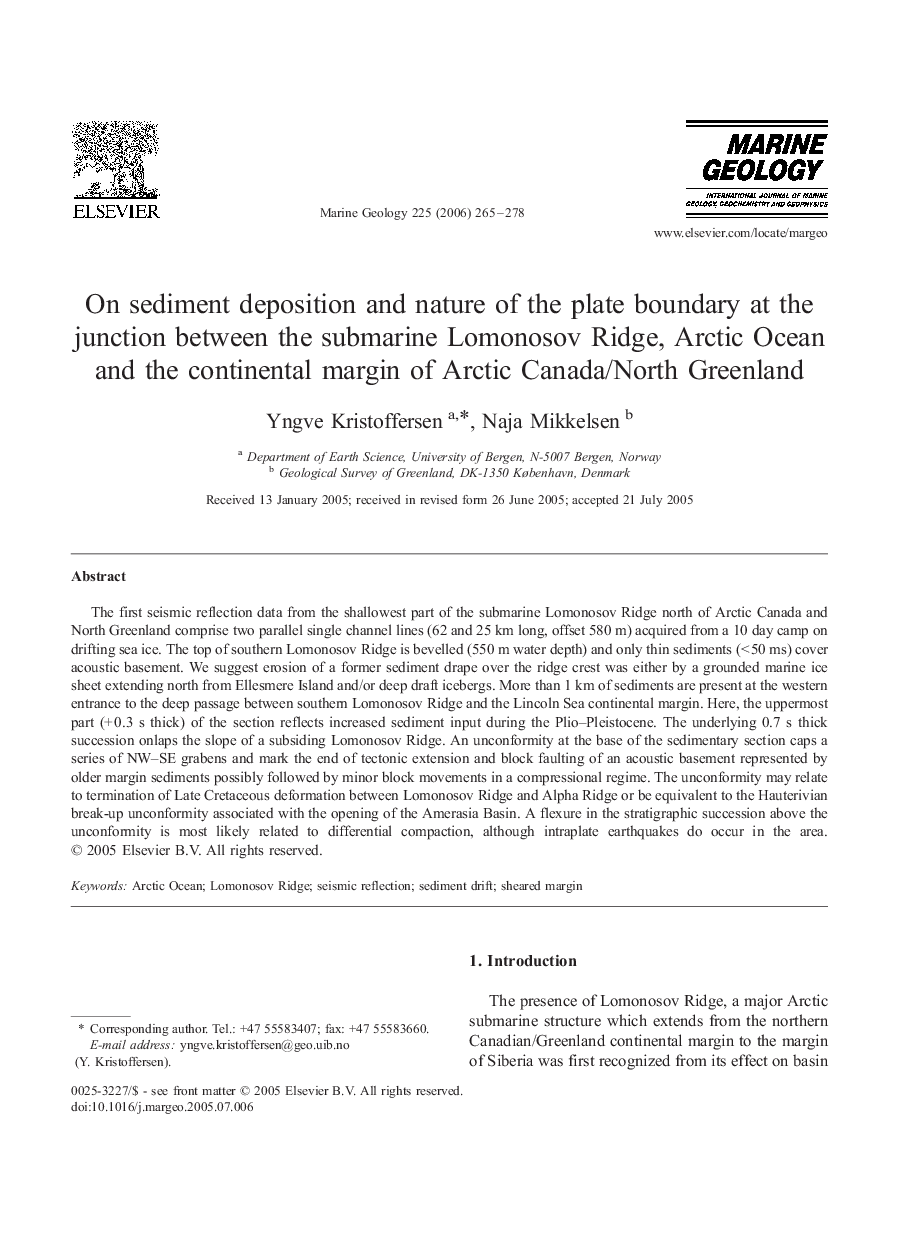 On sediment deposition and nature of the plate boundary at the junction between the submarine Lomonosov Ridge, Arctic Ocean and the continental margin of Arctic Canada/North Greenland