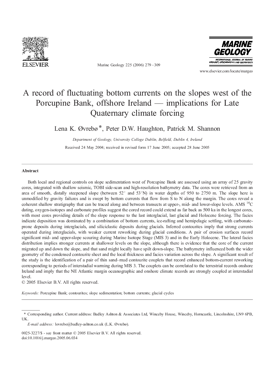 A record of fluctuating bottom currents on the slopes west of the Porcupine Bank, offshore Ireland - implications for Late Quaternary climate forcing