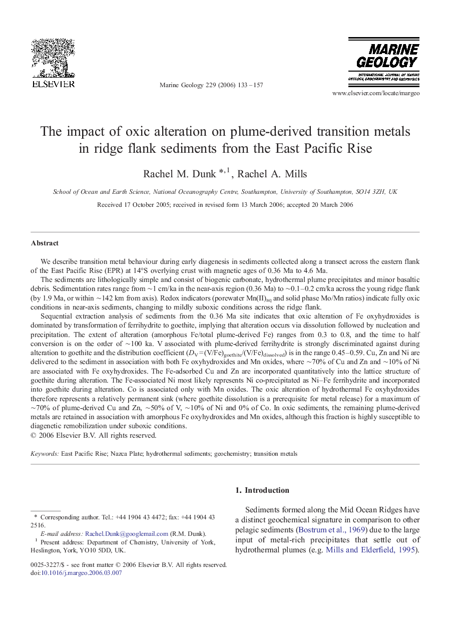 The impact of oxic alteration on plume-derived transition metals in ridge flank sediments from the East Pacific Rise