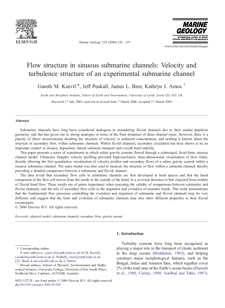 Flow structure in sinuous submarine channels: Velocity and turbulence structure of an experimental submarine channel