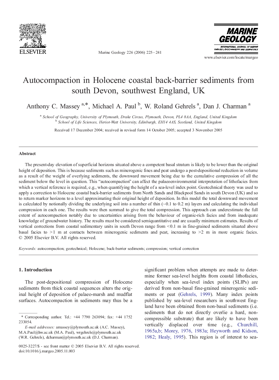 Autocompaction in Holocene coastal back-barrier sediments from south Devon, southwest England, UK