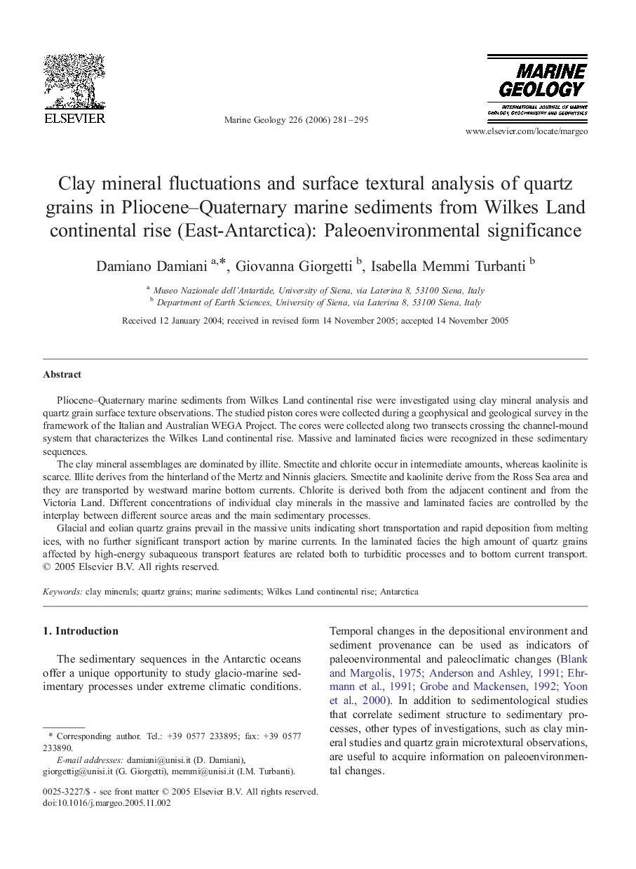 Clay mineral fluctuations and surface textural analysis of quartz grains in Pliocene–Quaternary marine sediments from Wilkes Land continental rise (East-Antarctica): Paleoenvironmental significance