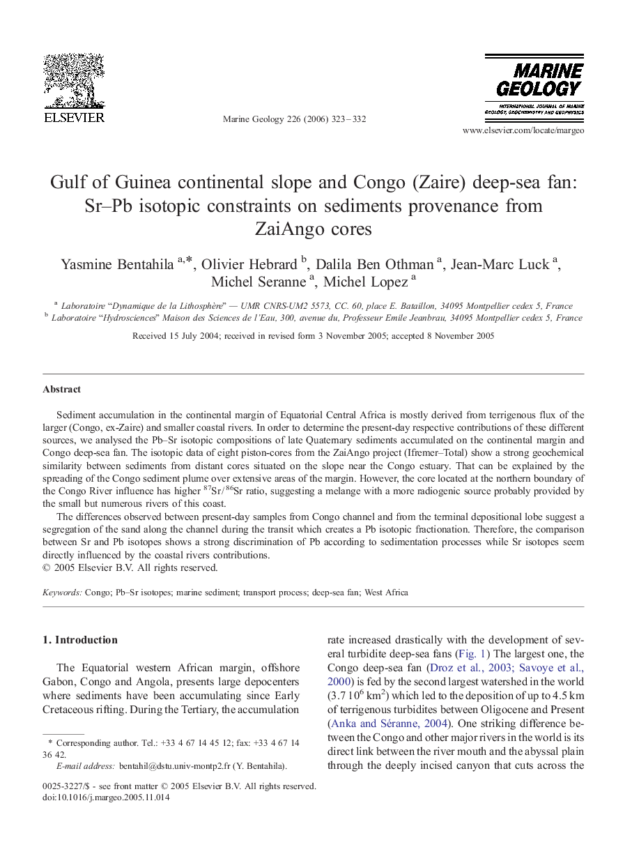 Gulf of Guinea continental slope and Congo (Zaire) deep-sea fan: Sr-Pb isotopic constraints on sediments provenance from ZaiAngo cores