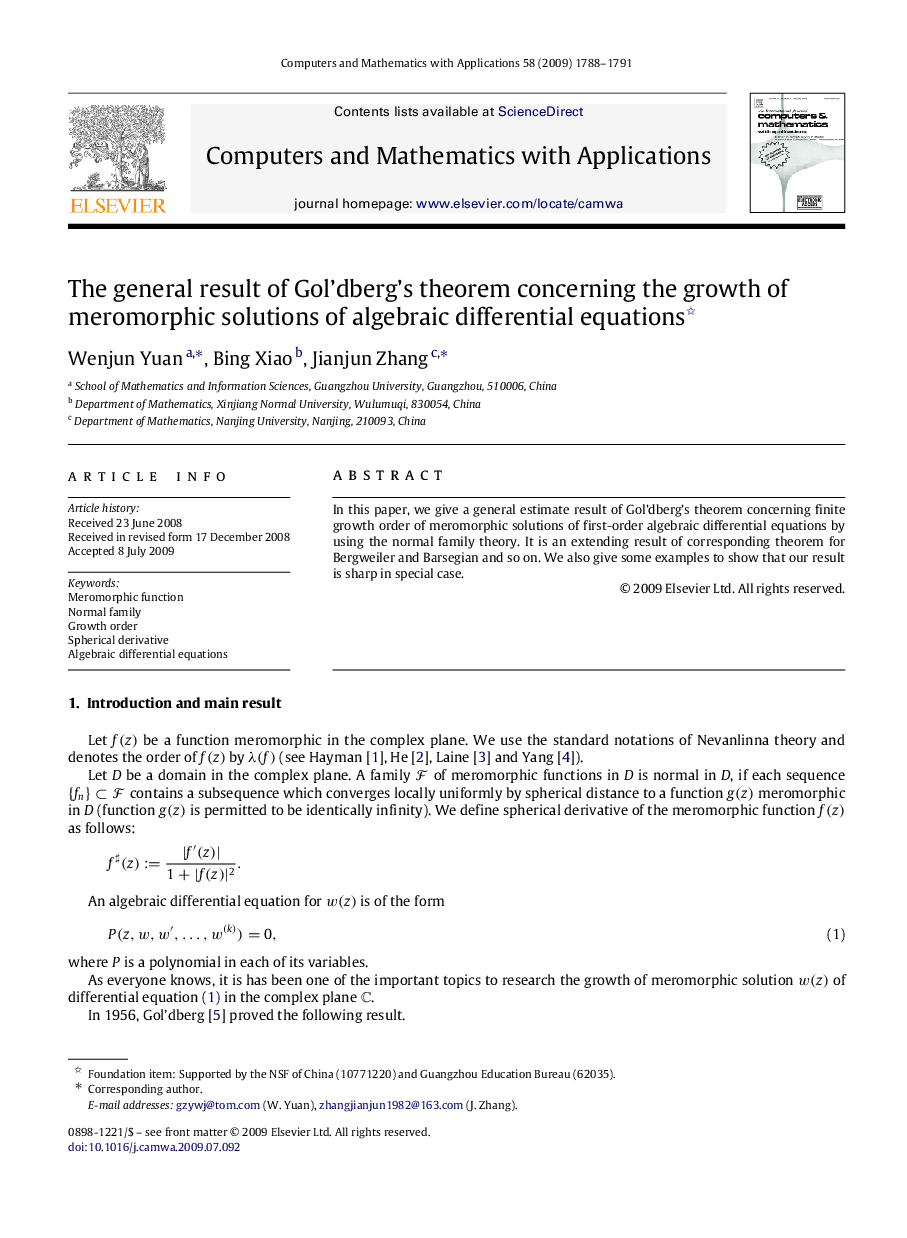 The general result of Gol’dberg’s theorem concerning the growth of meromorphic solutions of algebraic differential equations 