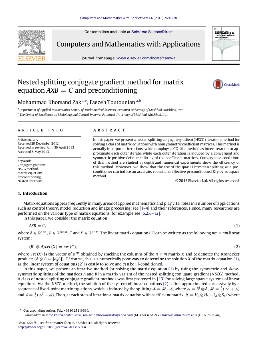 Nested splitting conjugate gradient method for matrix equation AXB=CAXB=C and preconditioning