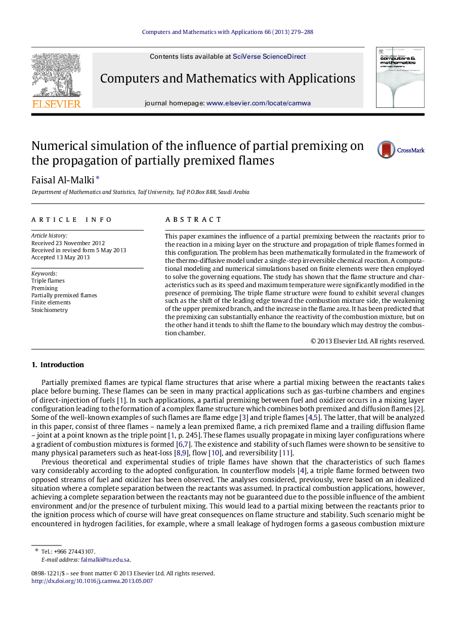 Numerical simulation of the influence of partial premixing on the propagation of partially premixed flames