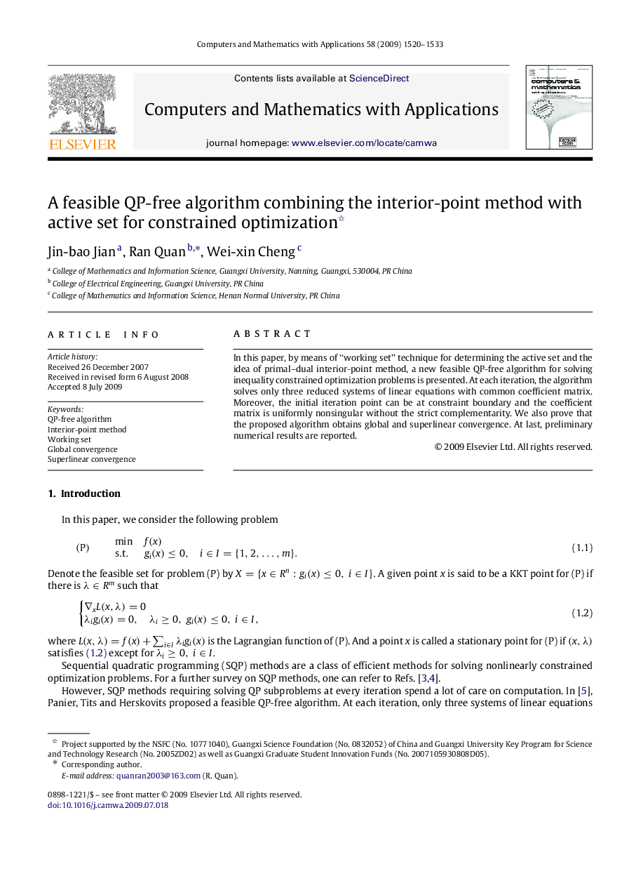 A feasible QP-free algorithm combining the interior-point method with active set for constrained optimization 