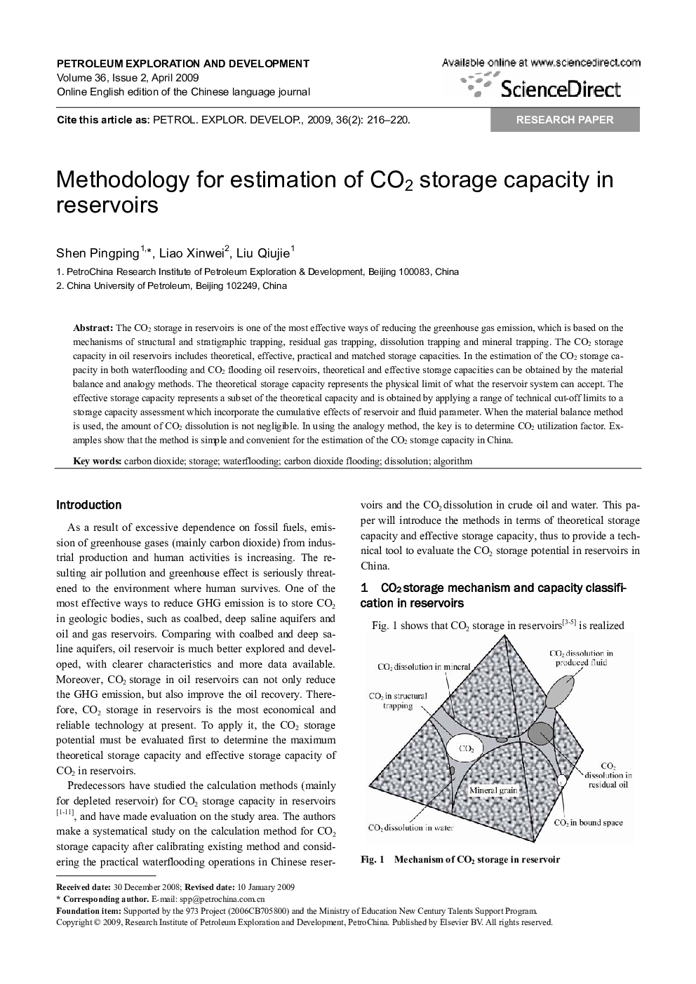 Methodology for estimation of CO2 storage capacity in reservoirs 