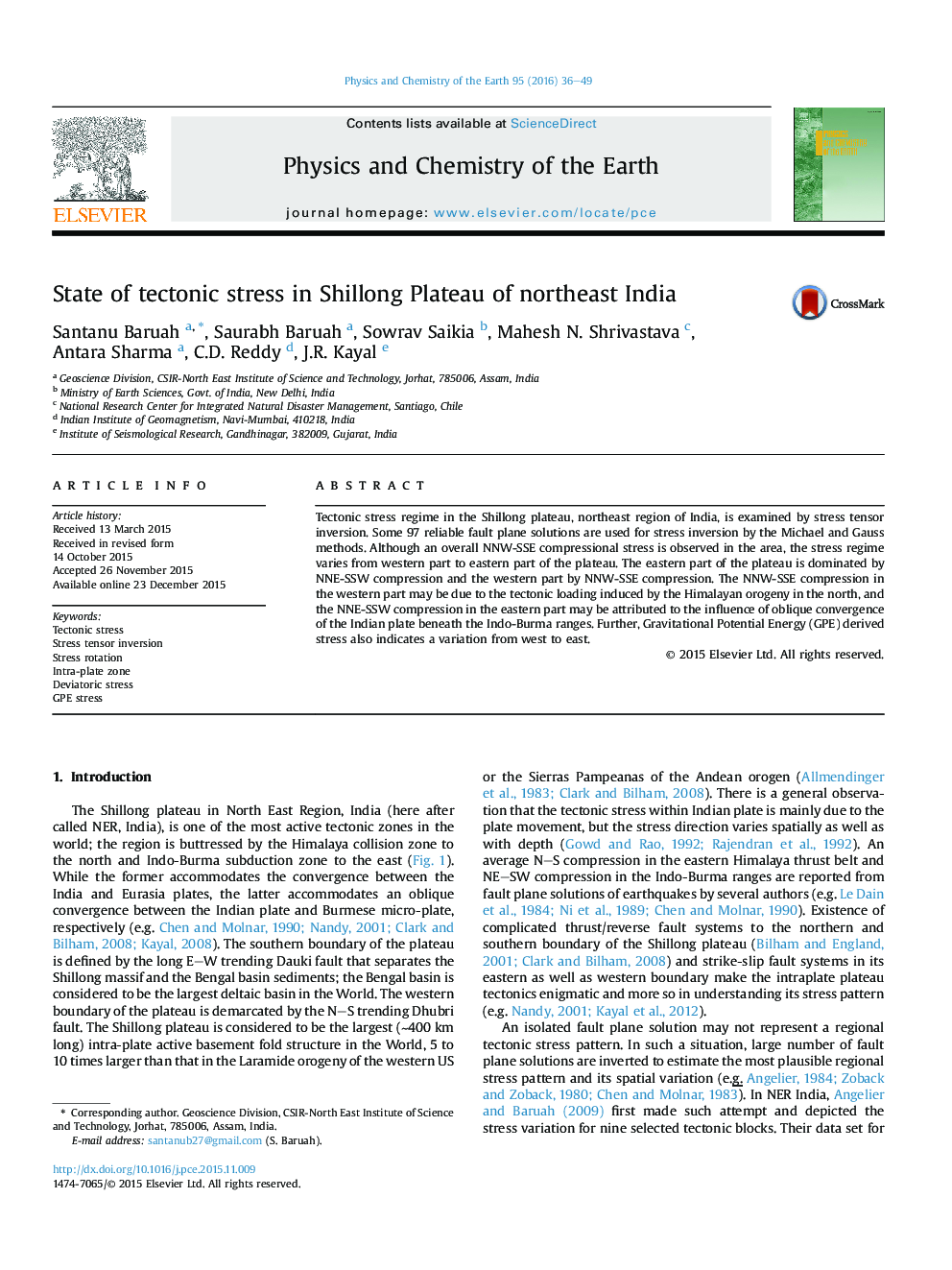 State of tectonic stress in Shillong Plateau of northeast India