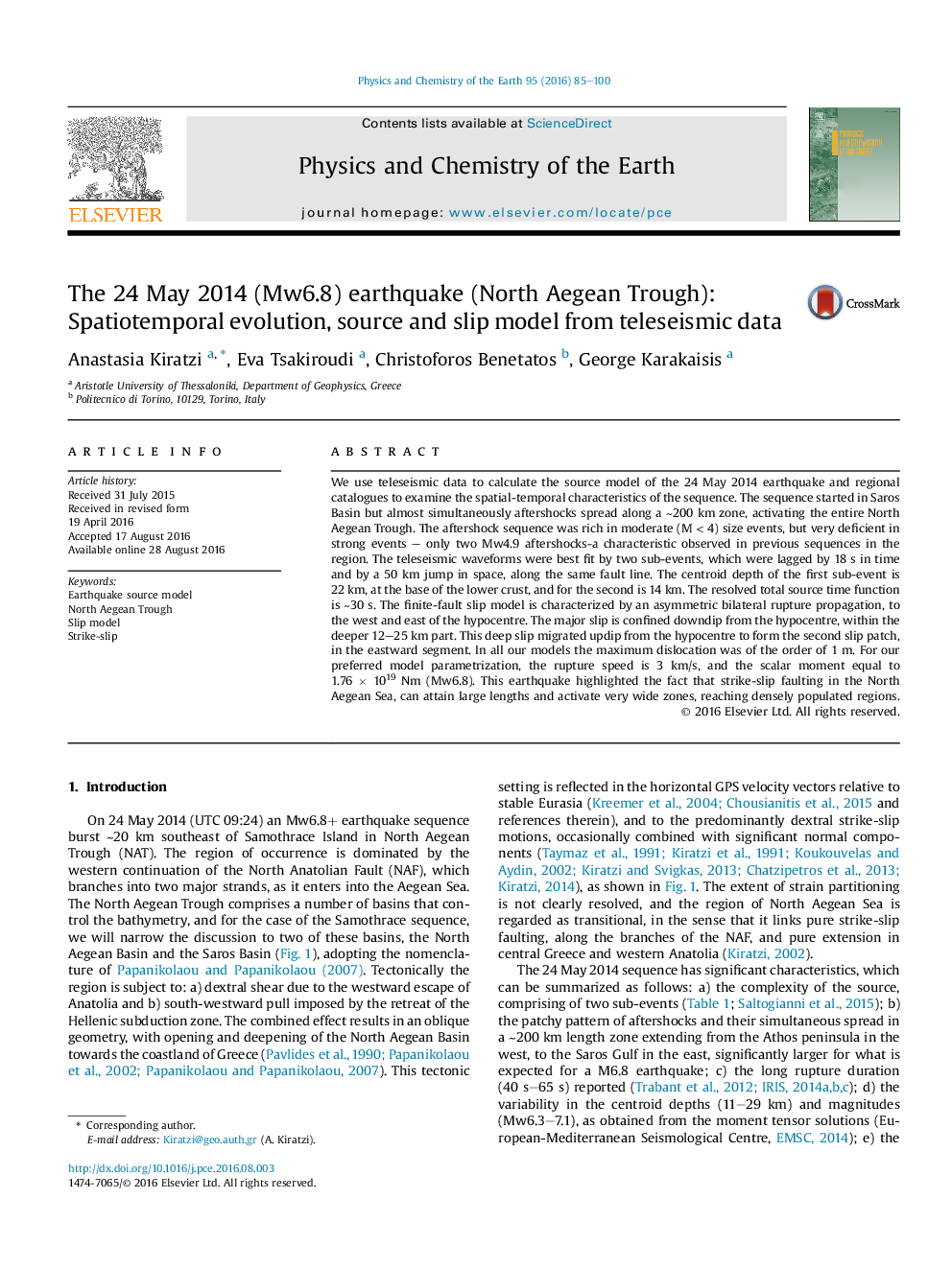 The 24 May 2014 (Mw6.8) earthquake (North Aegean Trough): Spatiotemporal evolution, source and slip model from teleseismic data