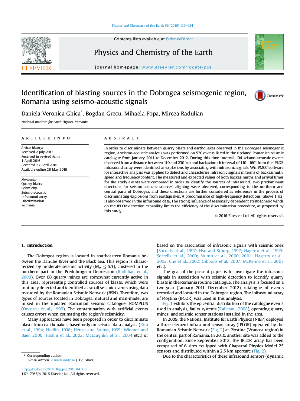 Identification of blasting sources in the Dobrogea seismogenic region, Romania using seismo-acoustic signals