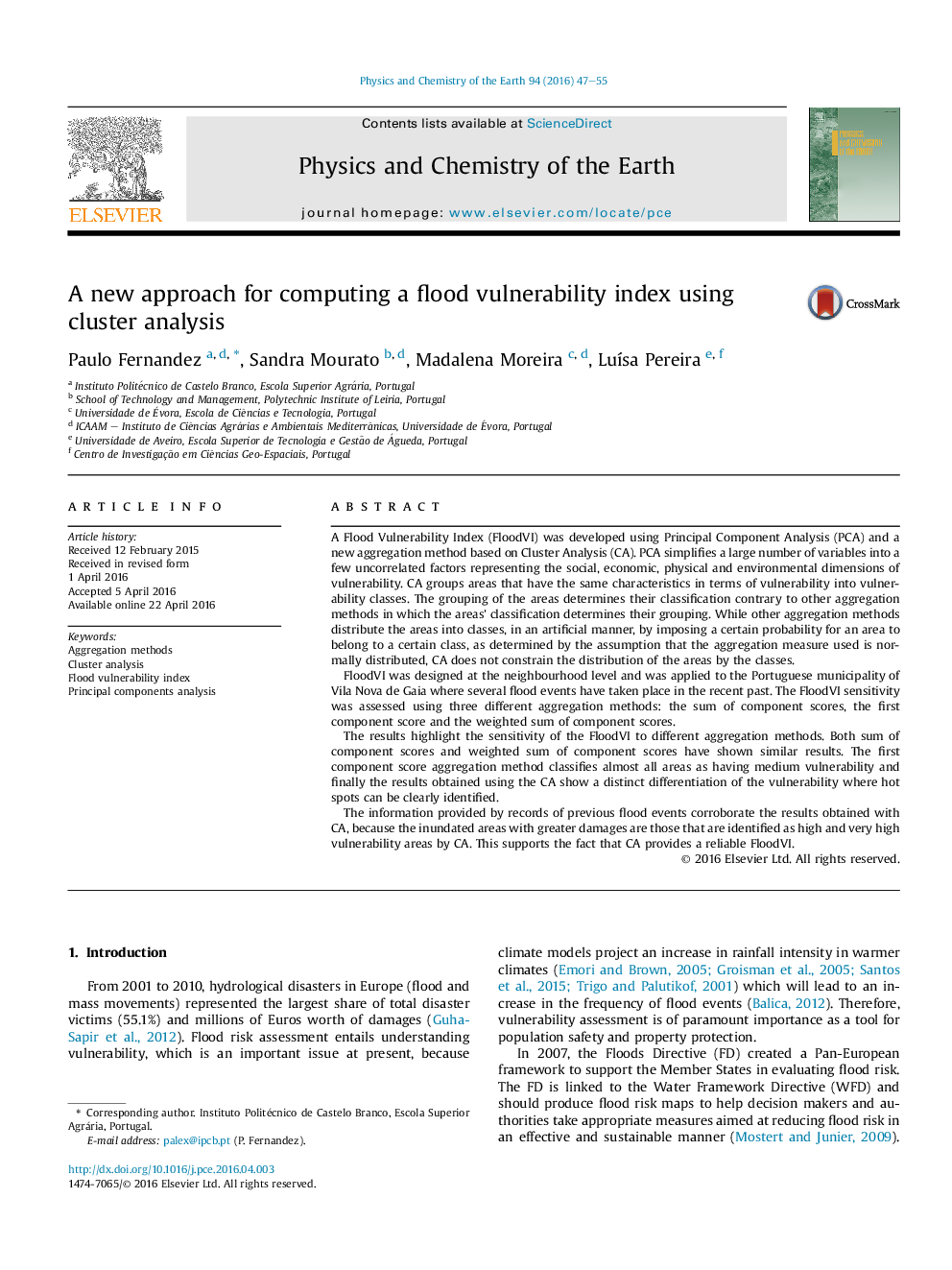 A new approach for computing a flood vulnerability index using cluster analysis