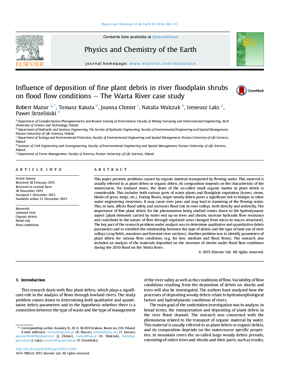 Influence of deposition of fine plant debris in river floodplain shrubs on flood flow conditions – The Warta River case study