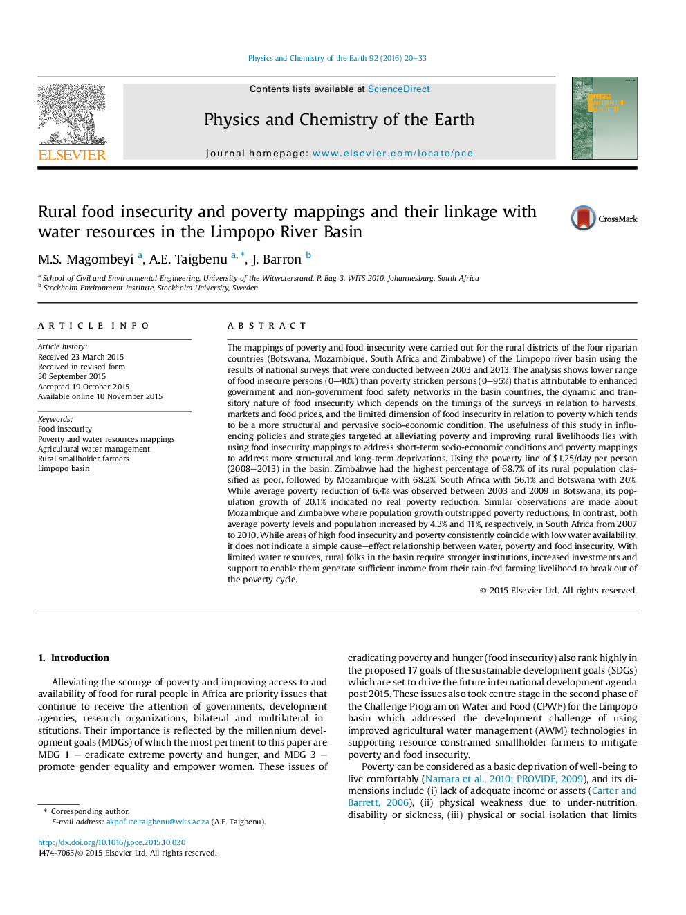 Rural food insecurity and poverty mappings and their linkage with water resources in the Limpopo River Basin