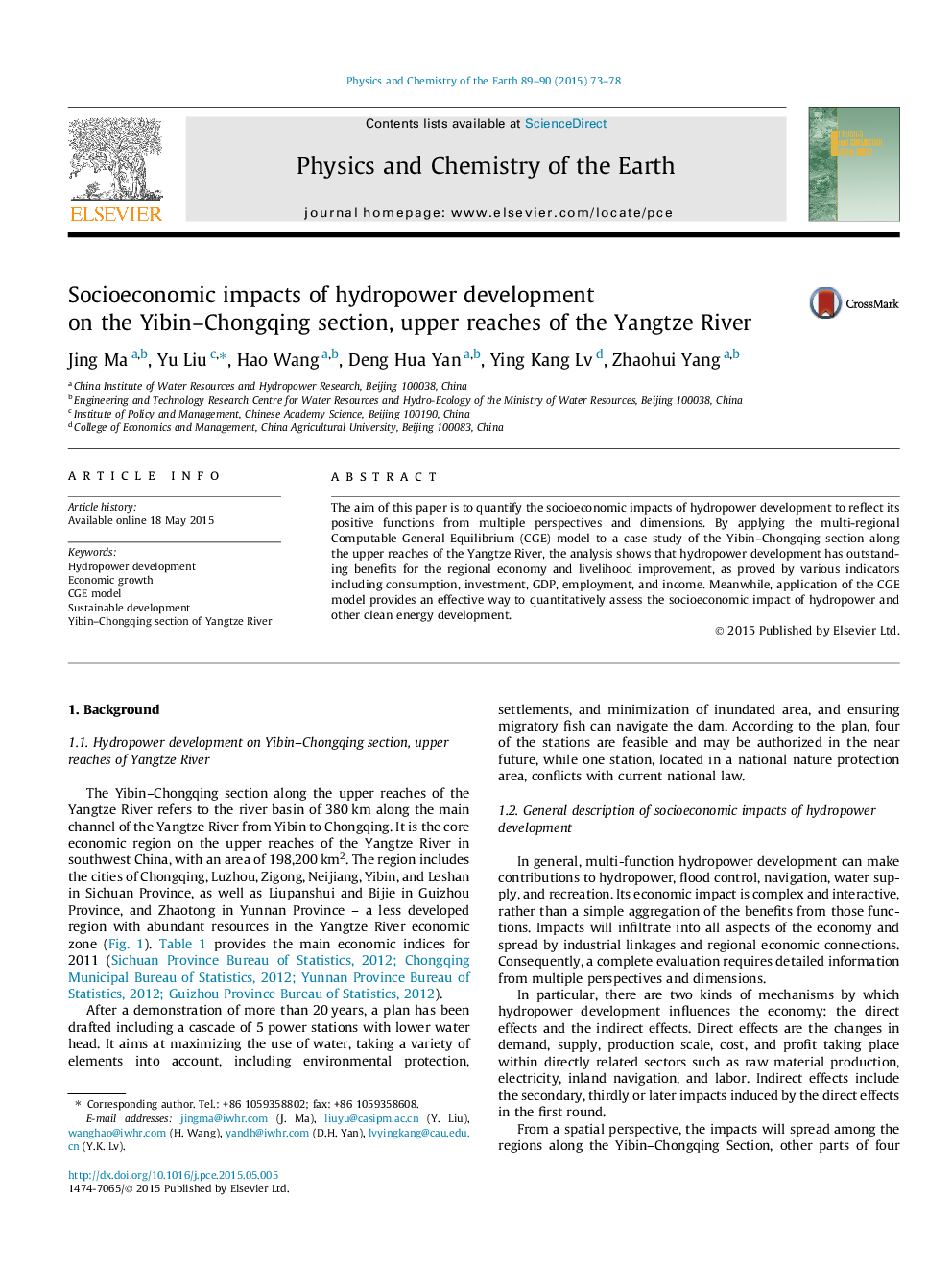 Socioeconomic impacts of hydropower development on the Yibin–Chongqing section, upper reaches of the Yangtze River