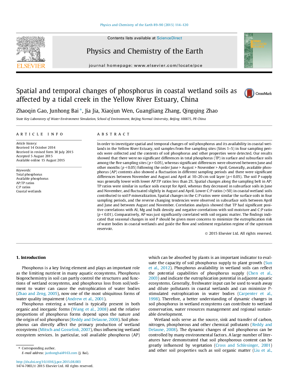 Spatial and temporal changes of phosphorus in coastal wetland soils as affected by a tidal creek in the Yellow River Estuary, China