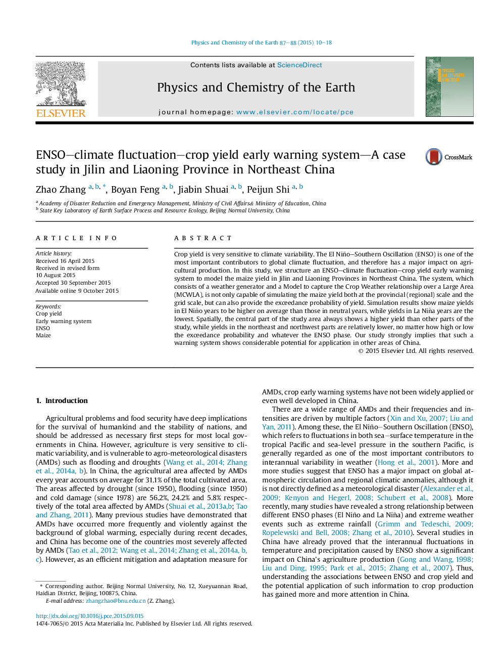 ENSO–climate fluctuation–crop yield early warning system—A case study in Jilin and Liaoning Province in Northeast China