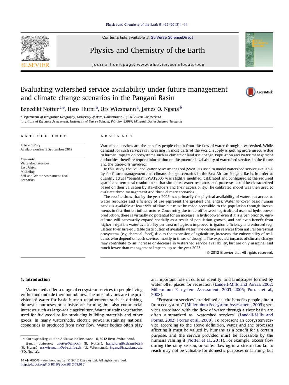 Evaluating watershed service availability under future management and climate change scenarios in the Pangani Basin