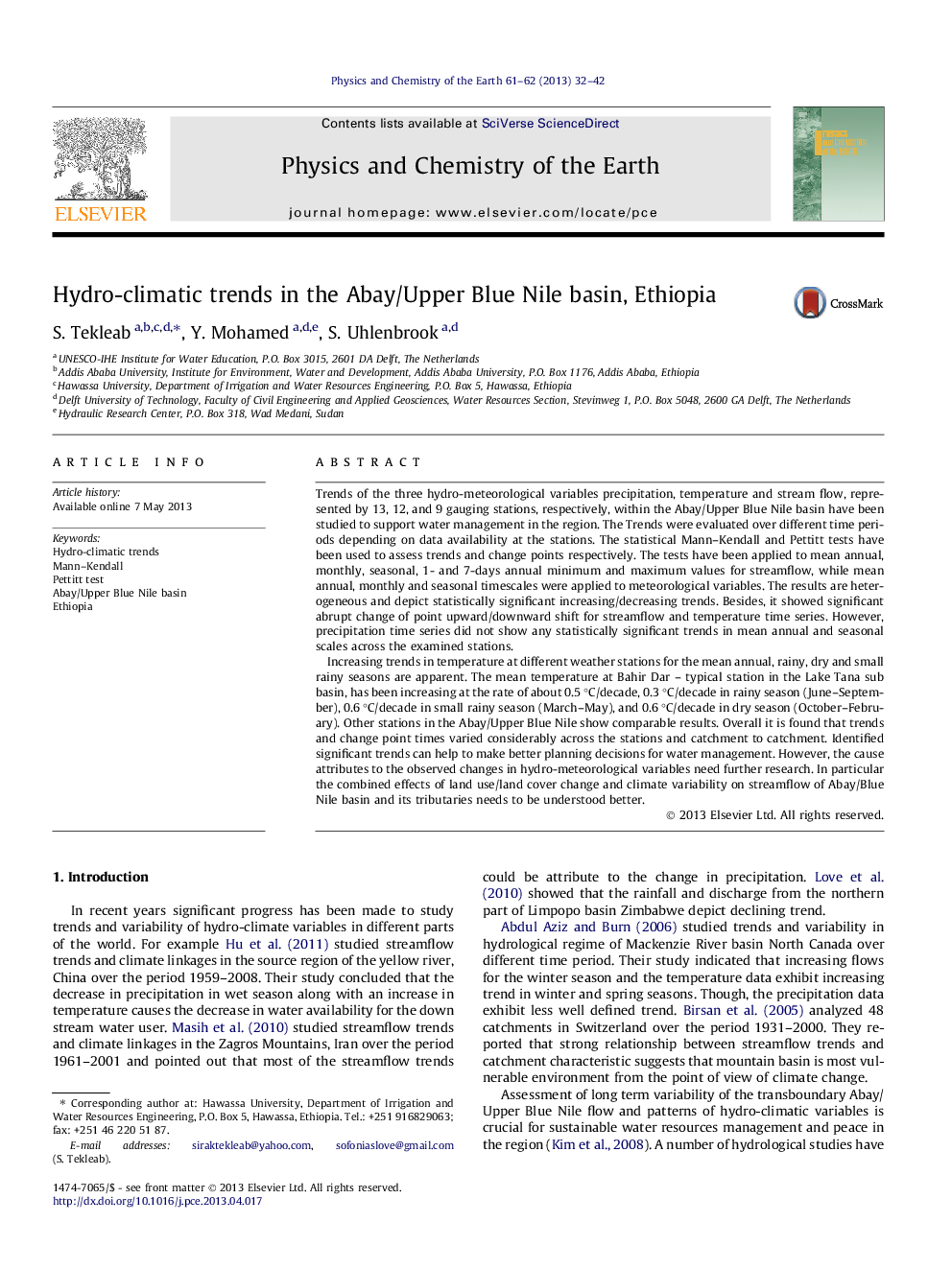 Hydro-climatic trends in the Abay/Upper Blue Nile basin, Ethiopia