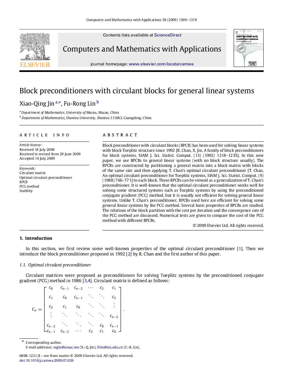 Block preconditioners with circulant blocks for general linear systems