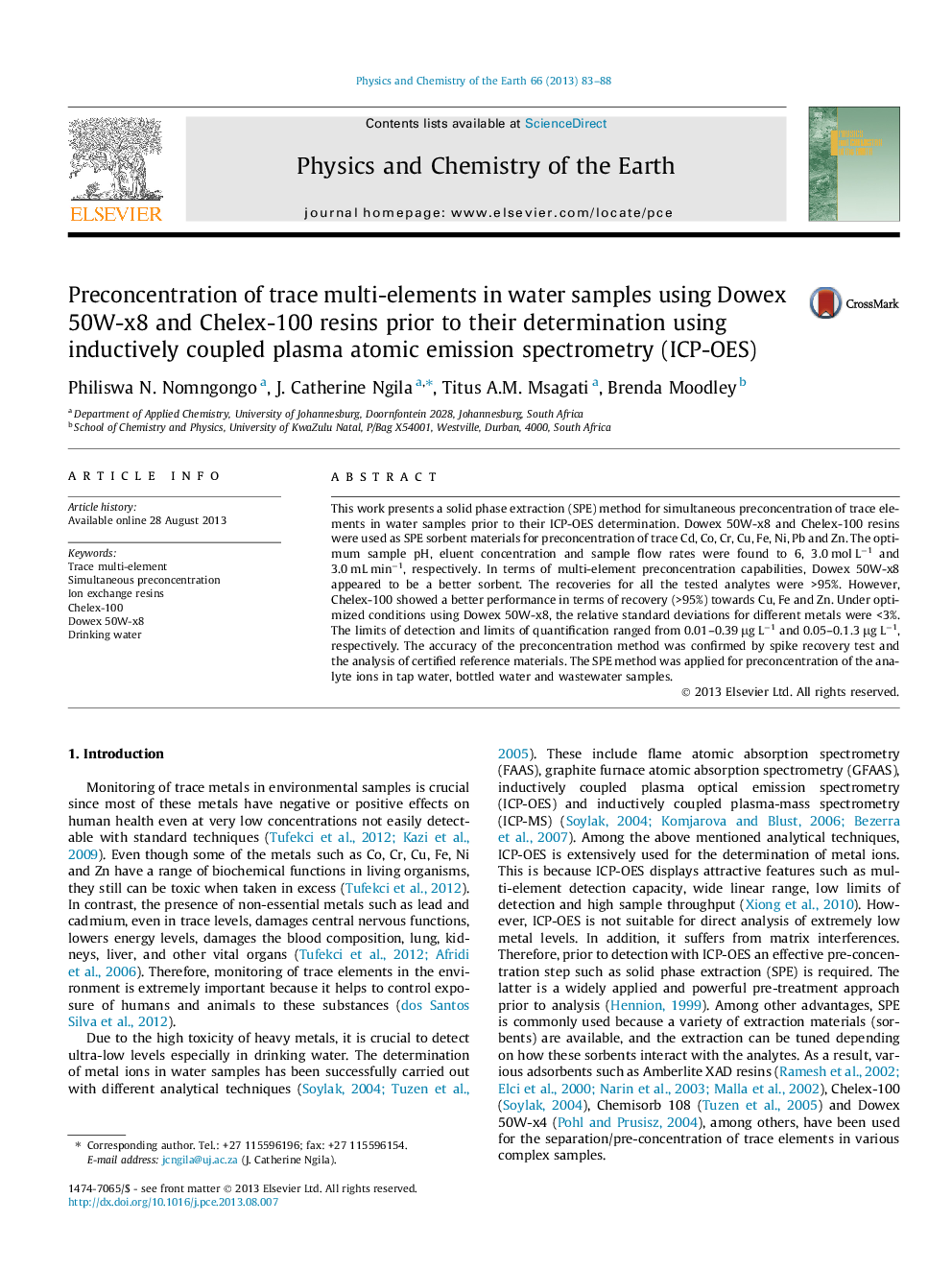 Preconcentration of trace multi-elements in water samples using Dowex 50W-x8 and Chelex-100 resins prior to their determination using inductively coupled plasma atomic emission spectrometry (ICP-OES)