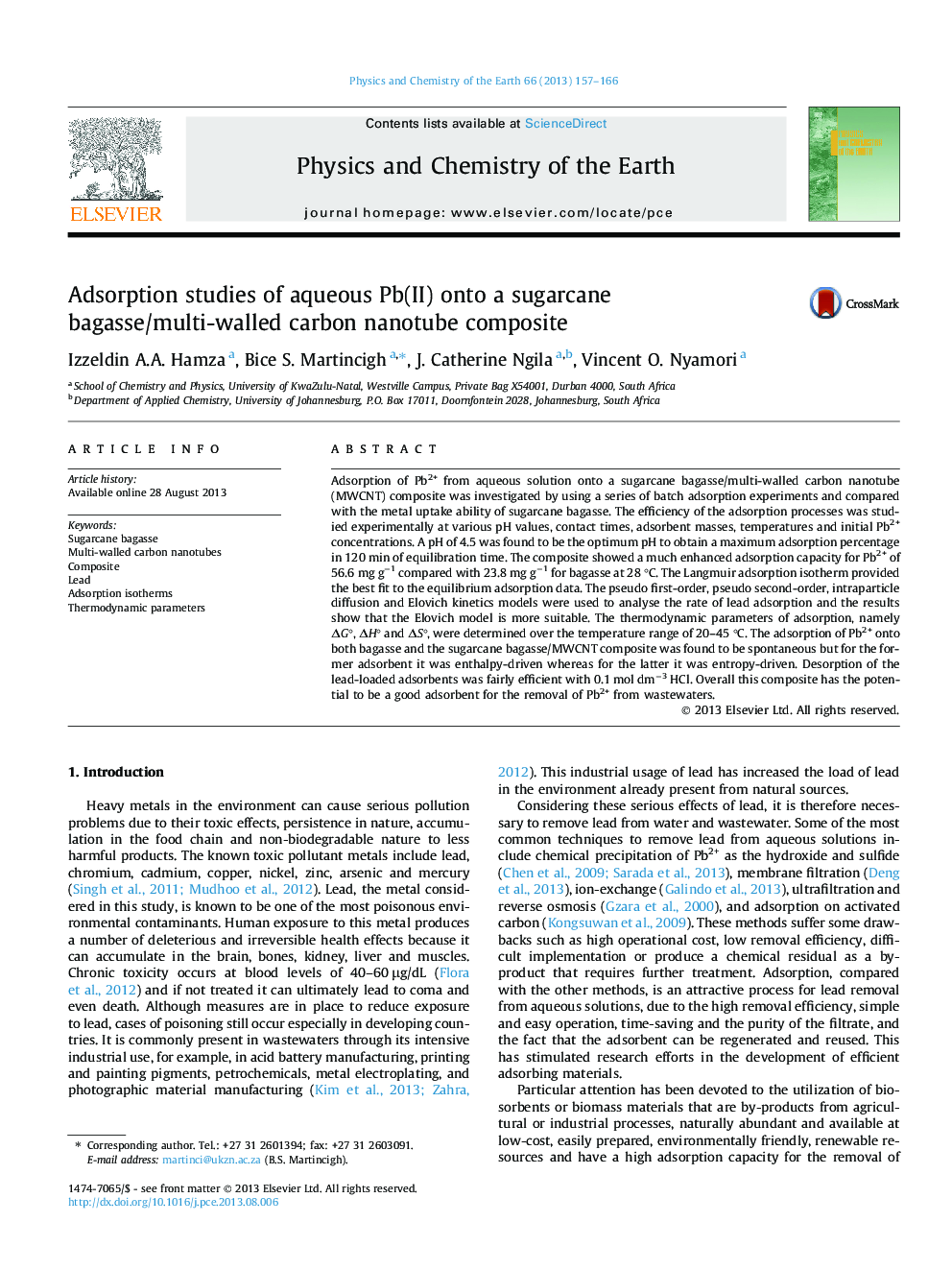 Adsorption studies of aqueous Pb(II) onto a sugarcane bagasse/multi-walled carbon nanotube composite