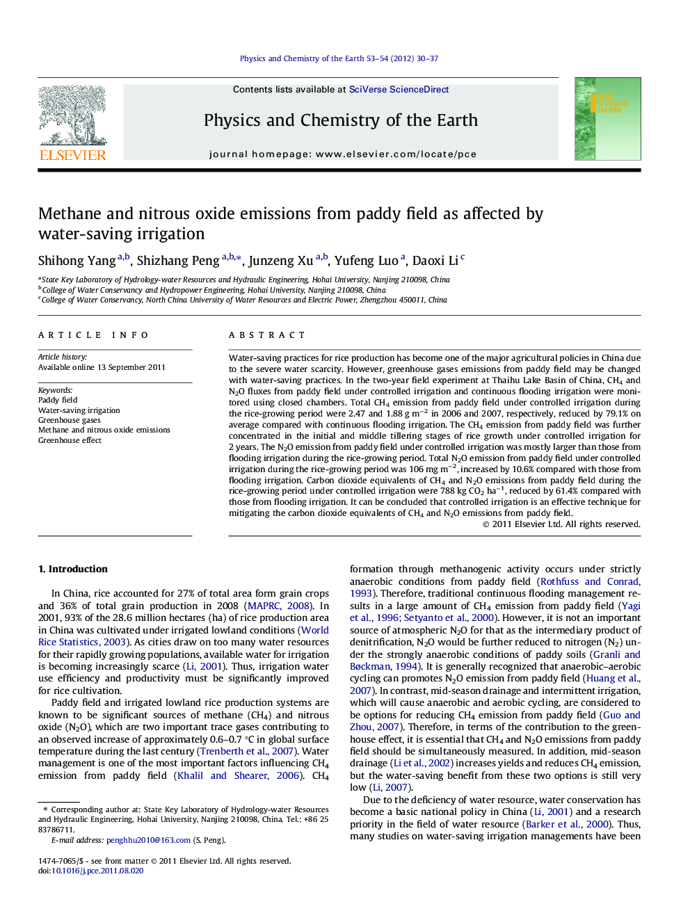 Methane and nitrous oxide emissions from paddy field as affected by water-saving irrigation